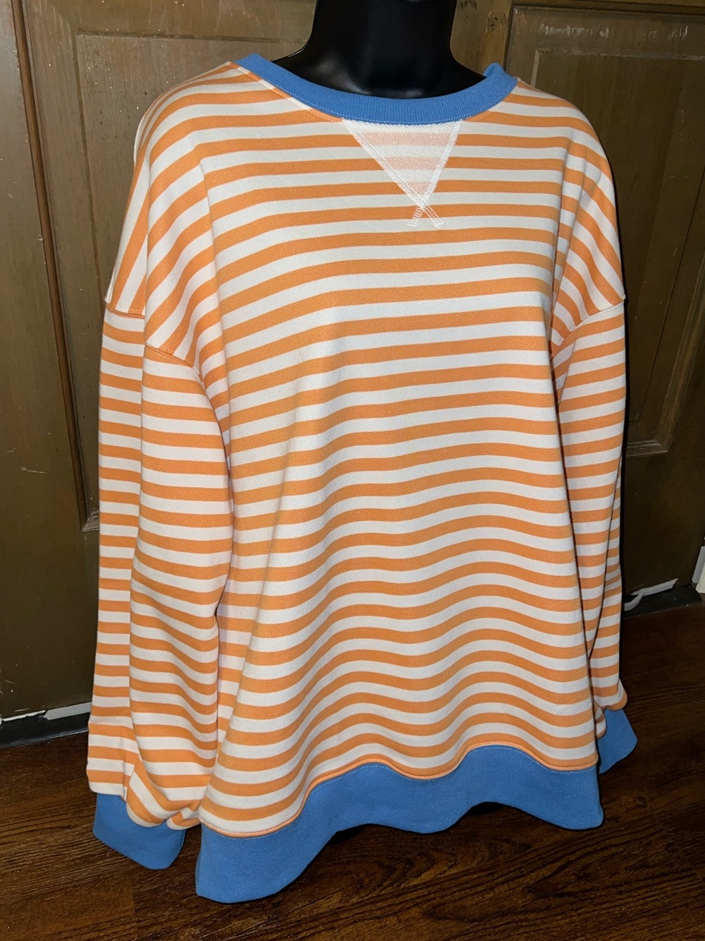 Oversized Crewneck Sweater Retro 70’s Relaxed Fit Orange White Stripes Size M - Picture 4 of 8
